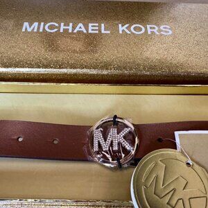 MICHAEL KORS Women's 28mm Pave MK Logo Belt Boxed Gift Set Luggage Brown New!